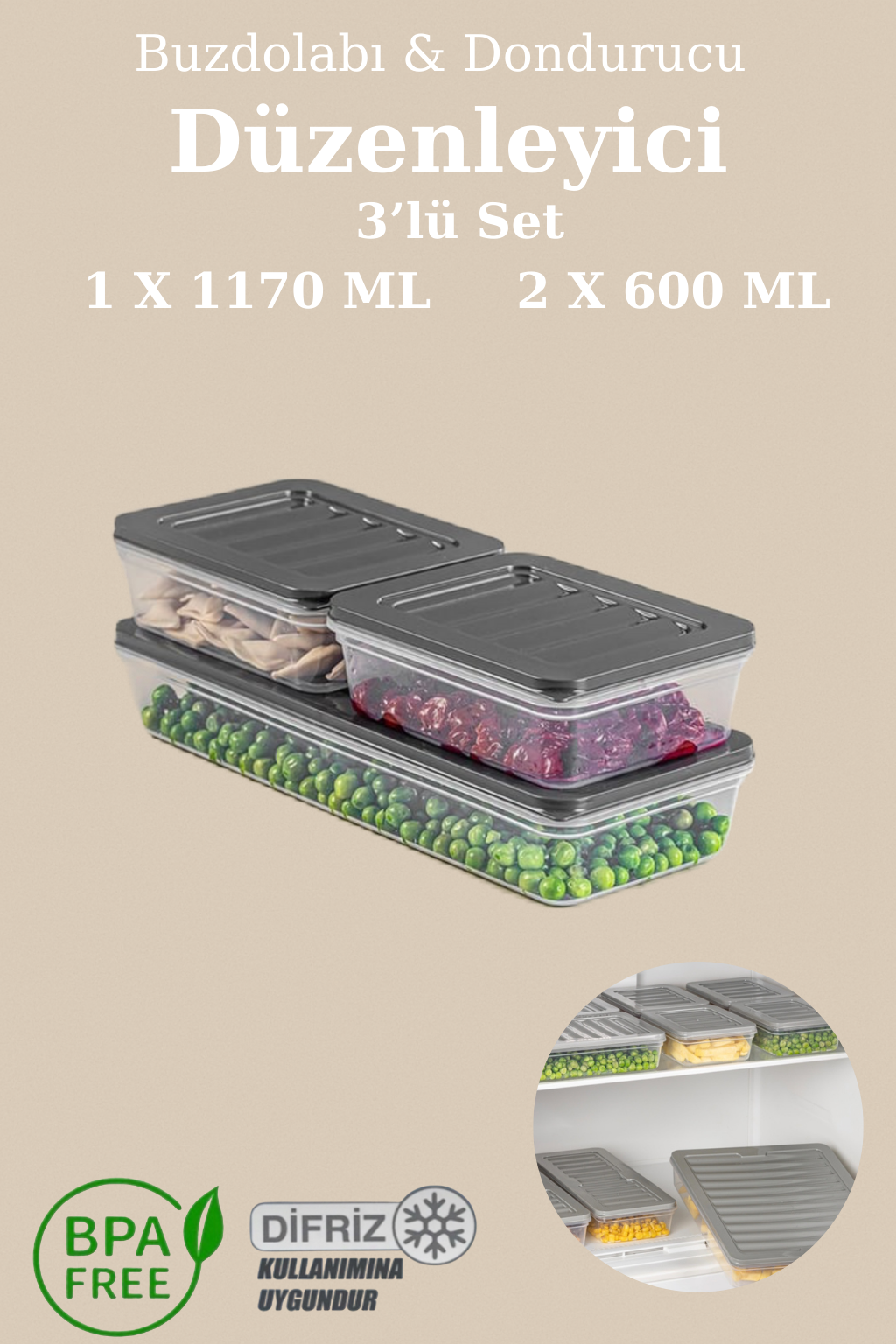 3’lü Buzdolabı Organizer Mikrodalga ve Difrize Uygun Saklama Kabı Antrasit 2x 600 ml  1x 1170 ml