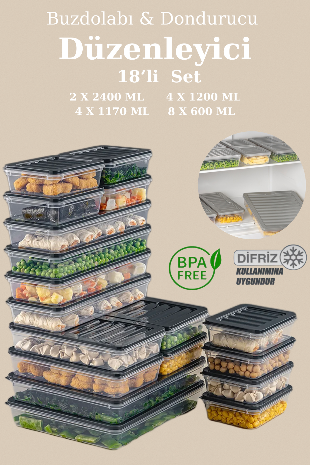 18’li Buzdolabı Organizer Mikrodalga ve Difrize Uygun Saklama Kabı Antrasit 2x2400 ml 4x 1170 ml 4x1200 ml 8x600 ml