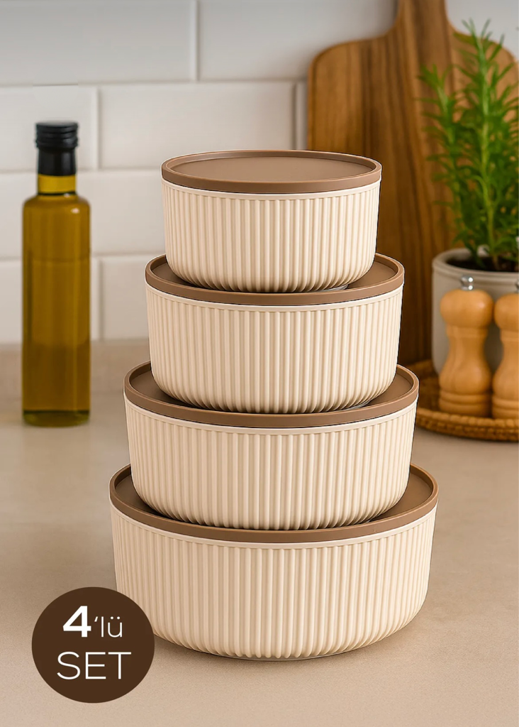 4'lü Yuvarlak Saklama Kabı Seti
Çizgili Bej | 2.5lt 1.5lt 0.80lt 0.45lt|
Mikrodalga ve Dondurucu Uyumlu