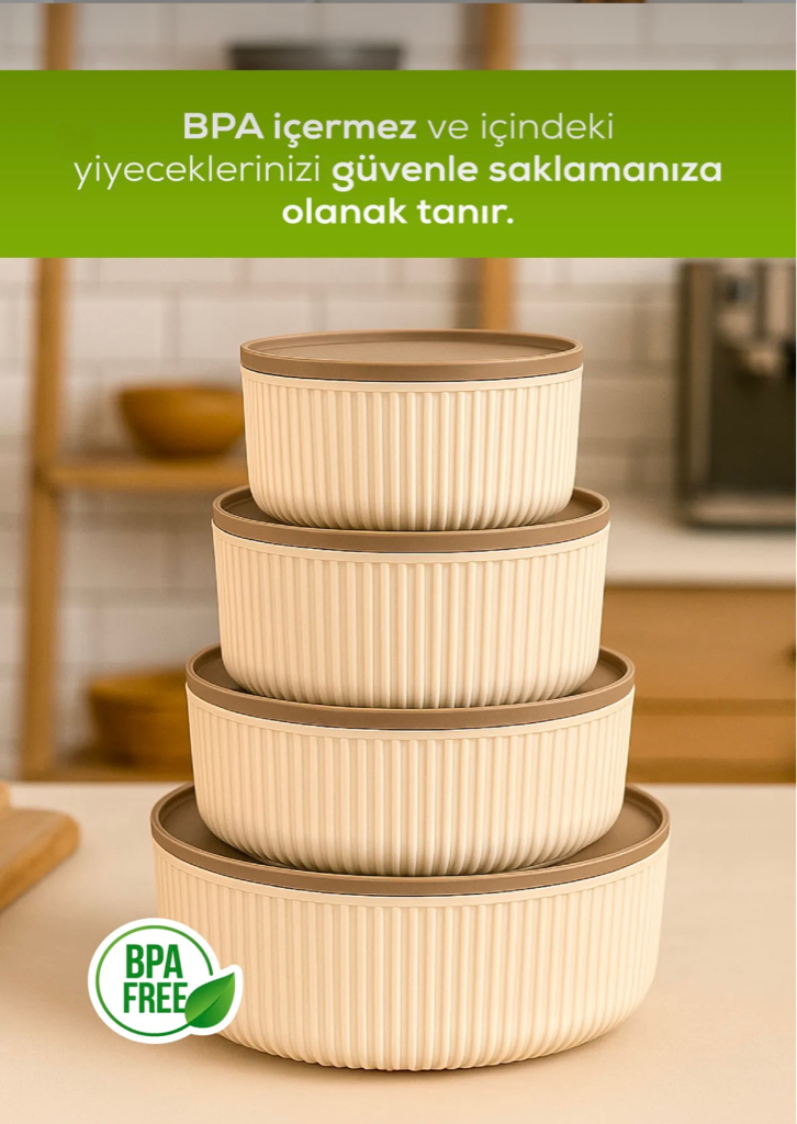 4'lü Yuvarlak Saklama Kabı Seti
Çizgili Bej | 2.5lt 1.5lt 0.80lt 0.45lt|
Mikrodalga ve Dondurucu Uyumlu
