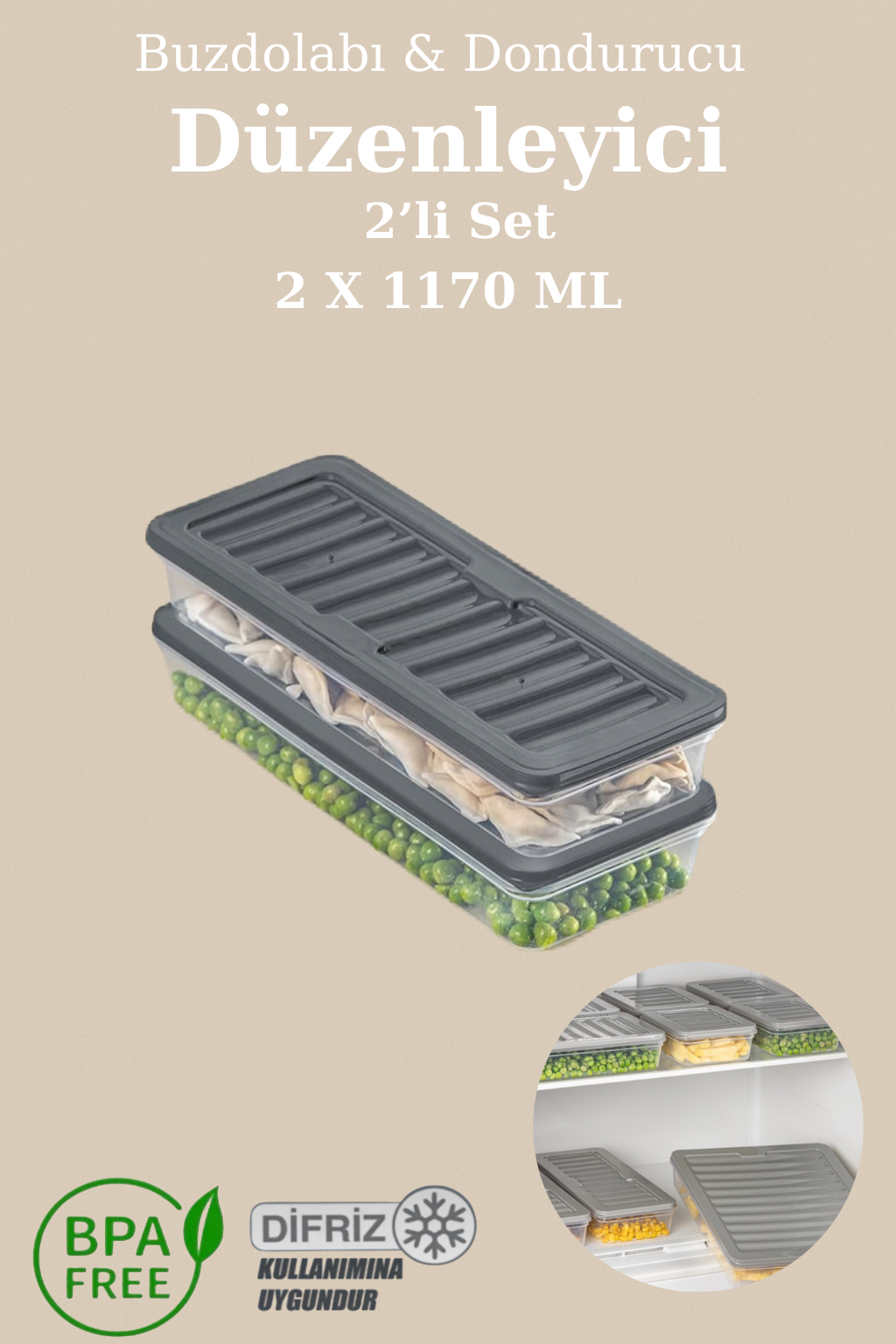 2’li Buzdolabı Organizer Mikrodalga ve Difrize Uygun Saklama Kabı Antrasit 2x 1170 ml