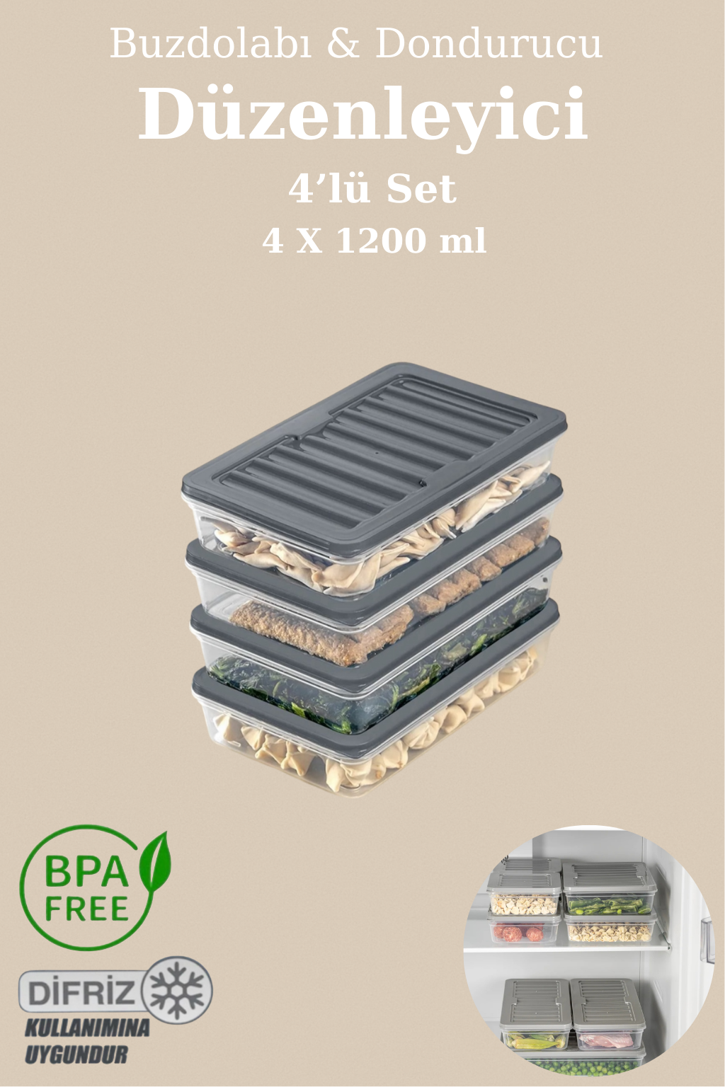 4’lü Buzdolabı Organizer Mikrodalga ve Difrize Uygun Saklama Kabı Antrasit 4x 1200 ml