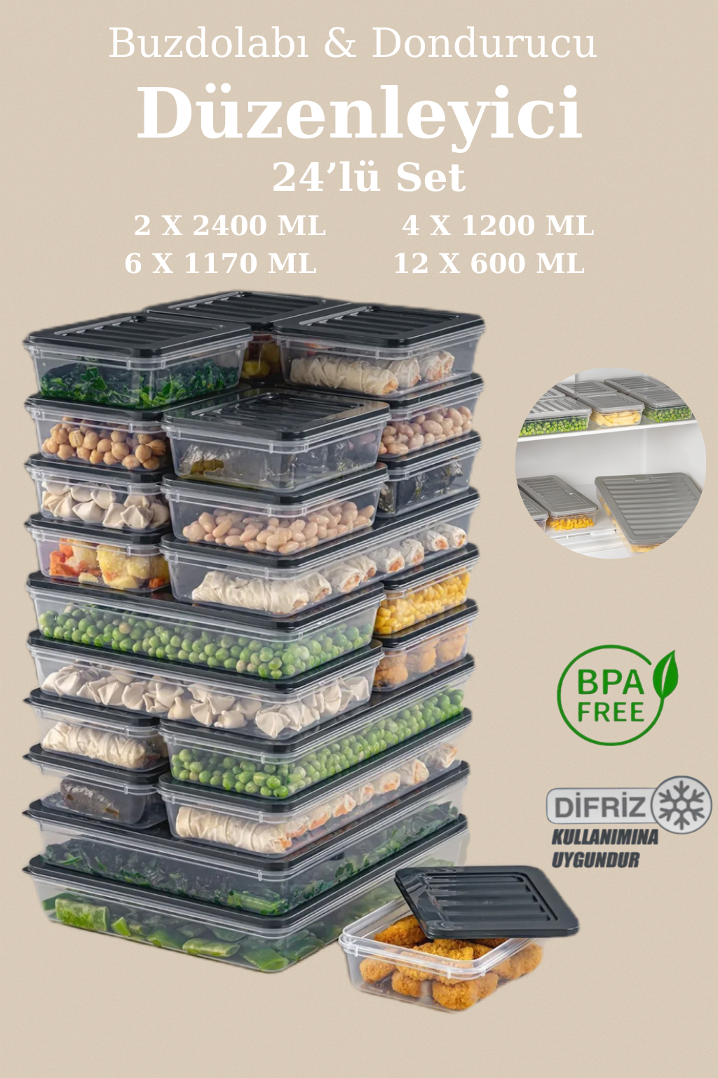 24 Parça Saklama Kabı , Mikrodalga Uyumlu Saklama Kabı 2x2400MI 4×1200MI
6x1170MI 12x600MI Antrasit