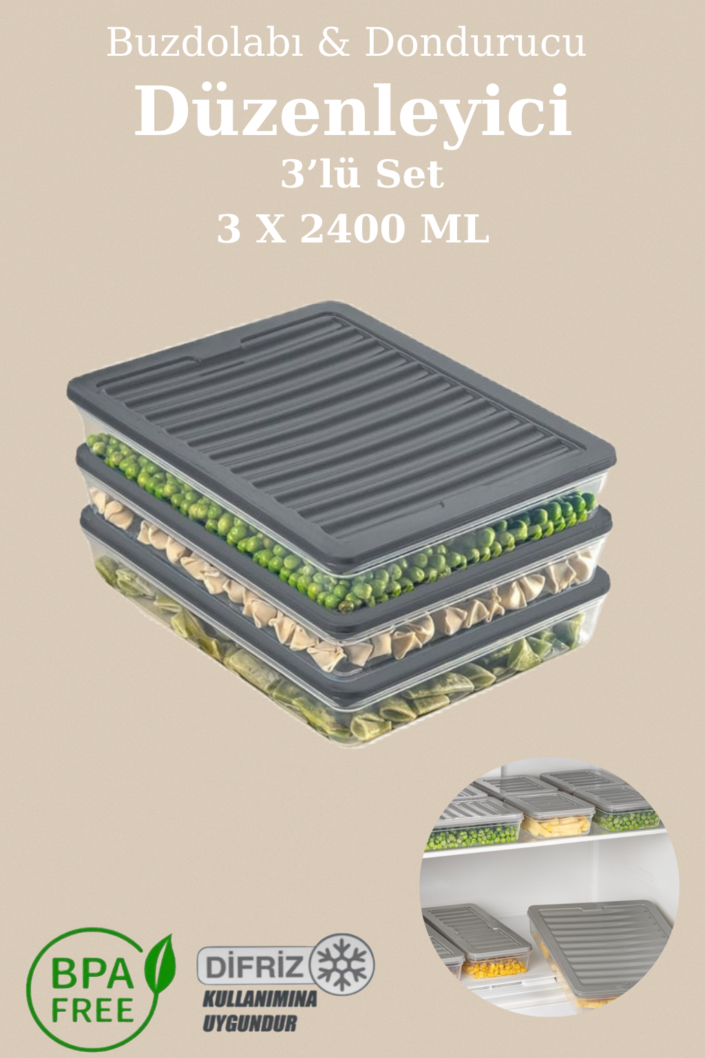 3’lü Buzdolabı Organizer Mikrodalga ve Difrize Uygun Saklama Kabı Antrasit 2x 2400 ml